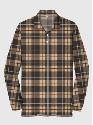 Fashion Brown Retro Plaid Printing Men‘s Long Sleeve Polo