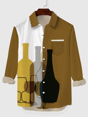 White & BrownGreen Stitching Art Bottles Printing Breast Pocket Men's Long Sleeve Shirt